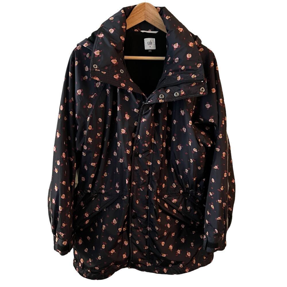 CAbi SZ M Black Floral Print Hooded Rainy Day Rain Jacket Coat Boho Feminine
